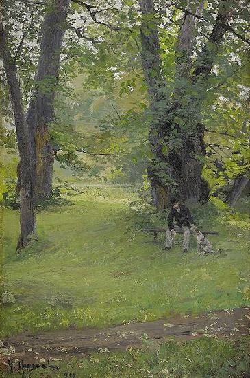 Gerda Roosval-Kallstenius Park with sitting man and dog Norge oil painting art